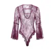 Guiruo Lencería Sexy Body Sexy de una Pieza con Abertura en la Entrepierna Encaje Transparente Cuello en V Profundo Mangas de Campana Seductoras Conjunto de Pijama para Mujer H6490
