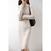 Vestido midi de punto para mujer, cuello semialto, diseño de rombos trenzados, corte holgado, adelgazante, para ir al trabajo, 100% lana, otoño e invierno, nuevo
