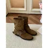 Botas de cowboy occidentales para mujer, nueva colección de otoño 2026, estilo retro con hebilla de cinturón de cuero marrón, tacón grueso y botines plisados y fruncidos en el tobillo