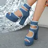 Zapatos de Mujer Talla Grande 34-45 44 Nuevos Tacones Altos de Mezclilla Mujer 43 Sandalias de Plataforma con Tacón Grueso Punta de Pez Europeas y Americanas 42
