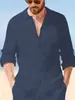 Nova Camisa de Linho Masculina de Manga Longa, Camisa Casual de Praia com Caimento Solto e Colarinho, Camisa Lisa de Manga Longa