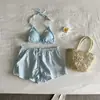 Novo Maiô Slim de Duas Peças Estilo Coreano para Mulheres com Saída de Praia de Manga Longa com Proteção Solar e Conjunto de Biquíni Triângulo em Azul Estilo Casual