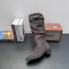 Botas Apiladas con Volantes para Mujer 2026 Otoño Tacón Grueso Adelgazantes Versátiles Botas de Moda Hasta la Rodilla Botas Largas para Mujer Botas Vaqueras Occidentales para Mujer