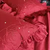 Set Romántico de Encaje Rojo Bordado con Rosas de Algodón de Fibra Larga Satín Sedoso Puro Algodón Juego de Cama