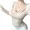 Suéter de Tricô Outono Novo Estilo Transfronteiriço Cor Nude Doce Renda Decote V Patchwork de Renda Cintura Marcada Emagrecedor Manga Longa Camisa Base