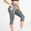 Pantalones de Yoga de Verano de Tres Puntos Color Negro Sólido Listos para Usar Afuera, Empalmados, Fitness Corporal