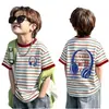 Camiseta de Verano Nueva de Algodón Puro para Niños, Rayas, Manga Corta, Cuello Redondo, Estilo Coreano, Holgada, Casual, Elegante, Versátil, Top Estampado