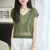 Camiseta de verano para mujer, fresca, de bambú y lino, ligera, de punto con textura, diseño de dos piezas hueco, manga corta y mangas acampanadas holgadas