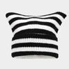 Sombrero de Orejas de Gato a Rayas Blancas y Negras Estilo Coreano de Celebridad de Internet Cálido Sombrero Jersey Sombrero Tejido Moderno Combinable Sombrero para el Frío