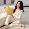 Pijama de Algodón de Manga Larga y Pantalón Largo para Mujer, Conjunto de Cárdigan con Solapa de Talla Grande para Primavera y Otoño, Conjunto Dulce y Lindo