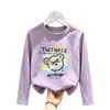 Camiseta Infantil de Algodão Puro com Gola Redonda e Manga Longa para Primavera e Outono, Solta e Estilosa para Meninos Mais Velhos, Top Versátil com Estampa de Desenho Animado