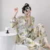Pijama de Seda de Algodão Feminino Primavera e Outono Novo Tamanho Grande Manga Longa Conjunto Estampado Estilo Celebridade da Internet Transmissão ao Vivo Viscose Roupa de Casa Verão