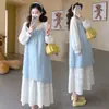 Em Estoque Vestido de Maternidade Primavera 2026 Xadrez Azul Estilo Francês Manga Longa Conjunto de Duas Peças Vestido de Maternidade Patchwork