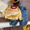 Roupas infantis vibrantes estilo coreano, ternos para meninos, novos looks de outono, roupas para bebês meninos, conjuntos de duas peças para primavera e outono para crianças