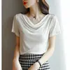 Camiseta de Verano 2025 Nueva para Mujer, Color Sólido, Manga Corta, Estilo Chanel, Sencilla y Versátil, con Cuello Alto Apilado Elegante