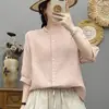 Cardigan Versátil de Manga Media Estilo Nuevo de Verano Camisa Top de Algodón y Lino Liso de Manga Media Adelgazante para Mujer con Cuello Alto y Bolsillos