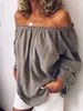 Camisa de Mujer de Manga Larga, Color Sólido, Algodón-Lino, Fruncida Elástica, Hombros Descubiertos, Talla Grande Holgada, Estilo Europeo y Americano, En Stock, 2026
