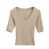 Camiseta Corta de Manga Media Hombro Caído Cuello en U Ajustada para Mujer Color Sólido Estilo Chica Francesa Caliente Top de Manga Corta para Mujer Verano SY9039