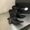 Botines Occidentales para Mujer, Adelgazantes, Tacón Grueso, Punta Negra Puntiaguda, Fruncidos, Botas Cortas de Motociclista Martin Vintage