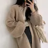 Chic coreano otoño simple y casual cuello en V corte holgado punto grueso manga de farol cárdigan largo abrigo suéter