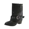 Botas western de tornozelo de couro com fivela de rebite desgastada vintage para mulheres, botas de salto grosso empilhadas, botas de montaria com bico fino plissado, botas de perna de calça