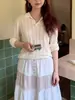 Camisa polo de tricô oca off-white vintage, suéter versátil para o outono, top de manga comprida que afina