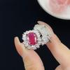 Conjunto de três peças da moda com pingente de anel de abertura de diamante completo em formato de pétala de coríndon vermelho e ovo de pombo, brincos femininos