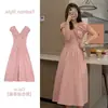 Design elegante e delicado, vestido longo com mangas bufantes V-neck emagrecedor, novo modelo verão 2026, vestido longo plissado estilo francês acinturado