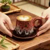Conjunto de Xícara e Pires para Café Torneado em Forno, Xícara Criativa de Cerâmica para Latte Art, Caneca Retrô de Grés, Copo de Água, Xícara com Alça de Gancho