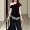 Sexy conjunto de dos piezas estilo coreano para mujer, camiseta de manga corta con tirante falso de hombros descubiertos, top de verano ajustado con retazos de encaje a cuadros de hombros descubiertos