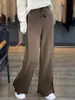 Pantalones de diseño para mujer de punto de cintura alta, color liso, con flecos deshilachados, corte ancho, holgados, adelgazantes, estilo coreano, para ir al trabajo, de pierna ancha, hasta el suelo