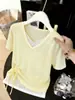 Camiseta de Tricô Manga Curta Falsa Duas Peças Decote V Estilo Coreano para Mulheres, Novo Modelo Verão 2026, Top Emagrecedor com Cordão na Cintura Plus Size