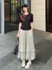 Falda Floral Gris con Dobladillo Fruncido para Mujer, Nuevo Estilo Verano 2026 Falda Linterna, Falda de Paraguas Línea A de Longitud Media Adelgazante