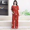 Conjunto de pijama de algodão e seda de verão plus size para mães cheinhas, roupas estampadas plus size para mulheres de meia-idade e idosas 100kg roupa de casa