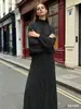 Conjunto Casual para Mujer Estilo Europeo y Americano Listo para Envíos Transfronterizos de Comercio Exterior: Camisa con Lunares y Lazo + Falda Larga de Lunares