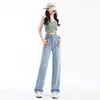 Jeans de Sarja Tencel Feminino Verão Fino Cintura Alta Solto Caimento Calças de Perna Larga para Pessoas Baixas Versátil Comprimento Total Calças de Perna Reta