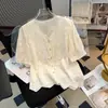Camisa de Manga Corta con Cuello Bordado de Mariposa Tridimensional para Mujer, Ribete de Encaje, Ligera, Rejuvenecedora, Cárdigan Pequeño, Diseño de Moda