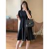 Camiseta Falda de Manga Corta Irregular con Puntadas Irregulares de Largo Medio Vestido Negro Pequeño para Mujer Verano 2025 P0424H
