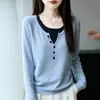 Conjunto de dos piezas para mujer de principios de otoño, top de punto de cuello redondo, diseño nuevo, lana de hilo fino con colores contrastantes, estilo jersey