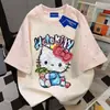 Camiseta Estampada Cartoon Estilo Japonês Solta de Manga Curta 100% Algodão Puro para Mulheres, Top Patchwork Estrela Personalizado de Verão para Homens