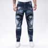 Calça Jeans Masculina High Street Tendência Patchwork Design Calças Azuis Stretch Versátil Slim Fit Skinny