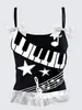 Chal de nicho Y2K para mujer con estampado dulce y genial de nota musical, lazo en doble hombro, diseño de borde con volantes, corte ajustado, estilo corto, estilo de chica popular