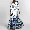 2026 Moda Feminina Europeia e Americana Transfronteiriça Amazon Vestido Elegante com Decote V Estampado e Cintura de Amarrar com Barra Larga