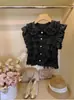 Camisa Feminina de Manga Curta com Gola Reversível em Patchwork Estilo Chanel, Novo Top de Chiffon com Renda de Verão 2026 para Mulheres