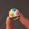 Anillo de Flor Tridimensional Colorido con Goteo de Aceite de Diseño de Nicho, Estilo Elegante para Mujer, Anillo Exagerado de Moda Retro Europeo y Americano