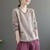 Camiseta Retrô Floral Artística de Manga Longa com Decote V de Tamanho Grande para Mulheres, Estilo Mom Pulôver Solto e Versátil, Nova Coleção Primavera e Outono 2026