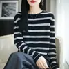 Suéter de punto de rayas transfronterizo de cuello redondo para mujer, primavera y otoño, diseño vintage versátil de ajuste ceñido, top de suéter a rayas, estilo europeo