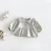 Cárdigan de Punto con Cuello de Muñeca de Volantes de Doble Capa y Mangas Abullonadas para Bebés Niñas, Nuevo Estilo Otoño, Conjunto de Dos Piezas con Pantalones de Pierna Ancha y Encaje de Puntos, Otoño
