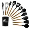 Espátula de Silicona con Mango de Madera, Cuchara para Sopa, Colador, Juego de 12 Piezas, Sartén Antiadherente, Espátula de Silicona, Juego de Utensilios de Cocina de Silicona Resistentes a Altas Temperaturas