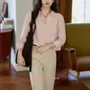 Camisa rosa de linho Tencel Moriiroe para mulheres, coleção de outono, com gola de lapela, frente abotoada e design de ombros caídos, oferecendo um visual versátil e estiloso para o trabalho ou uso casual